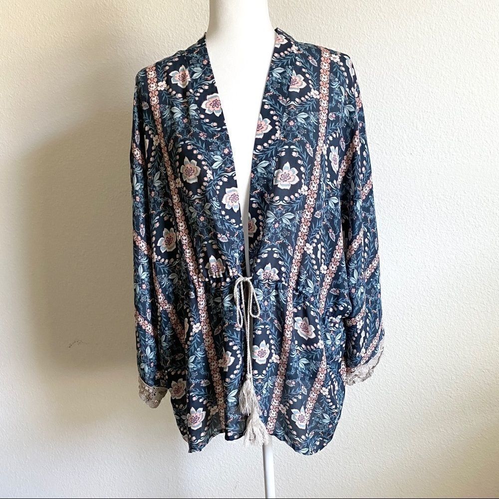 Flint & Moss Floral Front Tie Kimono Robe Top Women’s L Retro